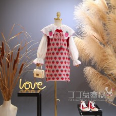 批发女童针织连衣裙背心套装秋装韩版洋气中大童草莓大翻领衬衣两件套