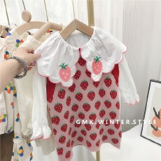 批发女童针织连衣裙背心套装秋装韩版洋气中大童草莓大翻领衬衣两件套