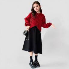 批发拜年服女童冬季连衣裙套装2025新款女大童中国红毛衣背心裙两件套