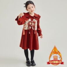 批发新年装拜年服女童加绒连衣裙<b class='q'>秋</b>冬季儿童女孩喜庆红色加厚过年裙子