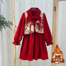 批发新年裙子女童加绒连衣裙<b class='q'>秋</b>冬装2025新款洋气洋气复古中大童假两件