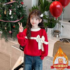 批发女童拜年服加绒加厚蝴蝶结毛衣2025新款儿童红色喜庆保暖衣针织衫