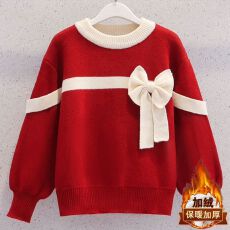 批发女童加绒毛衣2025新款洋气中大童过年服儿童秋冬装蝴蝶结针织上衣