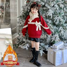 批发女童针织衫秋冬装新款儿童甜美女孩蝴蝶结百搭上衣加绒保暖毛衣潮