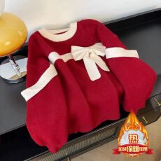 批发新年装女童秋冬红色加绒毛衣洋气儿童拜年服蝴蝶结拼色针织衫上衣
