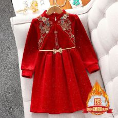 批发拜年服红色礼服裙女童高端公主裙2025<b class='q'>秋</b>冬新款儿童女孩洋气裙子冬