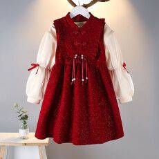 批发女童新年背带裙套装<b class='q'>秋</b>冬季2025新款儿童红色年服小女孩国风连衣裙