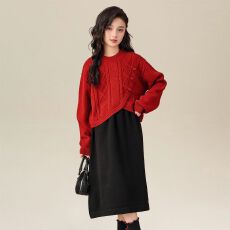 批发红色拜年服女童冬季连衣裙2025新款洋气童装套装儿童毛衣裙两件套