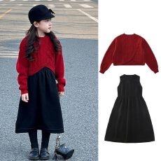 批发女童冬季拜年服连衣裙套装2025新款女大童中国红毛衣背心裙两件套