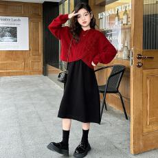 批发女童过年冬季连衣裙2025新款洋气女大童套装儿童红色毛衣裙两件套