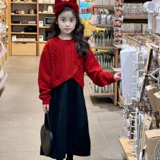 批发新中式拜年服2025新款秋冬款喜庆洋气儿童红色毛衣女童连衣裙套装