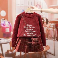 批发拜年服女童红色毛衣202秋冬新款洋气儿童针织套装本命年新年衣服