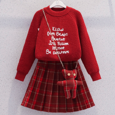 批发女童毛衣套装2025秋冬新款洋气时髦中大童红色百褶裙拜年服两件套