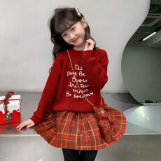 批发女童年服毛衣套装秋冬2025新款洋气儿童女孩红色百褶裙新年两件套