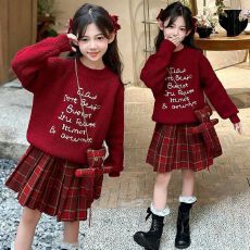 批发女童新年毛衣套装秋冬款2025新款洋气儿童红色拜年服中大童两件套