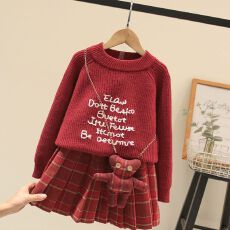 批发女童新年装毛衣套装秋冬款洋气红色拜年服连衣裙儿童百褶裙两件套