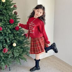 批发女童针织套装裙秋冬装新款中大童洋气喜庆毛衣格子半身裙两件套潮