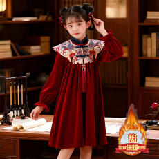 批发女童红色中国风连衣裙刺绣丝绒新年拜年服2025新款大儿童加绒唐装