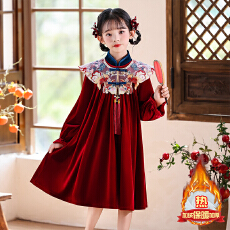 批发女童中国风云肩连衣裙长袖秋冬新款新年红色儿童裙子女孩生日裙