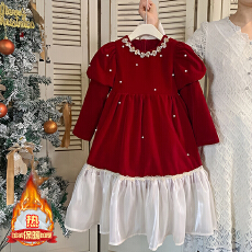 批发女童红色连衣裙冬季加绒拜年服2025新款亮片礼服丝绒公主裙蓬蓬裙
