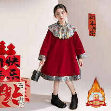 批发女童国风连衣裙冬装2025新款儿童洋气女孩加绒盘扣流苏立领拼接裙