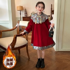 批发女童红色新年连衣裙冬装2025新款洋气儿童国风裙子女孩加绒拜年服