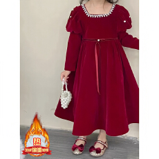 批发女童红色喜庆连衣裙2025秋冬新款儿童泡泡袖礼服公主裙女孩拜年服