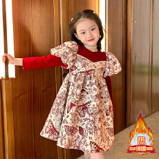 批发女童加绒连衣裙秋冬装2025新款儿童洋气女孩时髦假两件碎花公主裙