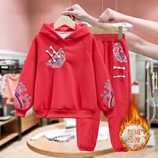 批发女童冬季红色中国风年服卫衣运动加绒套装中大童女孩洋气<b class='q'>儿童</b>冬装
