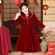 批发女童丝绒连衣裙2025新款秋冬小女孩洋气公主裙高端长款礼服拜年服