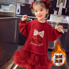 女童加绒连衣裙秋冬款韩版中大童蝴蝶结樱桃网纱时尚休闲公主裙潮