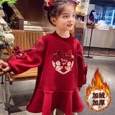批发女童加绒连衣裙秋冬款2025新款韩版儿童洋气女孩蝴蝶结卡通卫衣裙