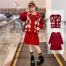 女童针织套装裙秋冬装2025新款韩版儿童女孩开衫马甲连衣裙两件套