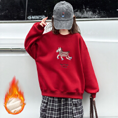 批发女童红色加绒刺绣卫衣冬季2026款女孩加厚上衣一体绒本命马年衣服