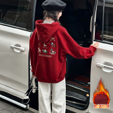 批发女童红色卫衣加绒秋冬2025新款儿童新年衣服卡通刺绣连帽洋气上衣