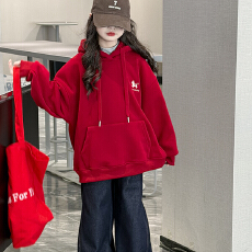 批发女童加绒连帽刺绣卫衣大童红色新年拜年服女孩2026马年本命年衣服