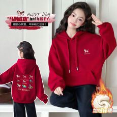 批发女童加绒连帽刺绣卫衣女孩2026马年本命年衣服儿童红色拜年服上衣