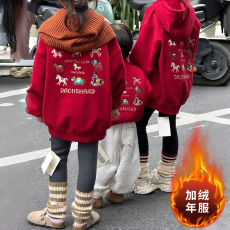 批发女童加绒刺绣卫衣冬装女大童新年衣服女孩2026马年本命年红色上衣
