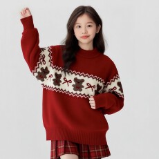 批发女童装秋冬时髦洋气年服中大儿童女孩小熊毛衣格子百褶裙两件套装