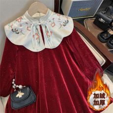 批发女童<b class='q'>冬</b>季加绒连衣裙2026新款儿童丝绒裙中国风小女孩拜年服新年裙