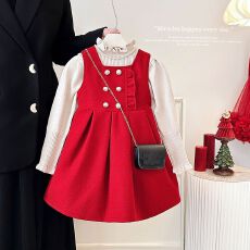 批发女童红色连衣裙<b class='q'>秋</b>冬2026新款喜庆儿童背心裙套装时髦拜年装裙子潮