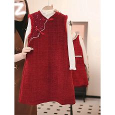 批发<b class='q'>女</b><b class='q'>童</b>冬季国风拜年服<b class='q'>连衣裙</b>套装2026儿童新款盘扣重工安可拉红裙子