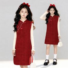 批发女童<b class='q'>秋</b>冬季拜年服套装2026新款国风红色新年洋气保暖连衣裙两件套