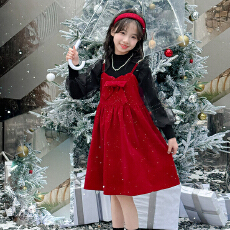 批发<b class='q'>女</b><b class='q'>童</b>亮晶晶年服背带裙秋冬儿童小香风红色裙子过年喜庆加绒公主裙