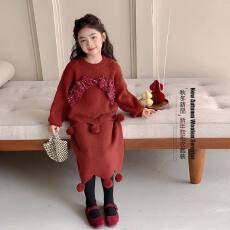 批发<b class='q'>女</b><b class='q'>童</b>红色<b class='q'>毛衣</b>裙子套装秋冬2026新款拜年服圣诞节加厚儿童新年衣服