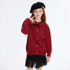 批发女童毛衣秋冬2026新款中大童花边领蝴蝶结开衫洋气女孩针织衫上衣