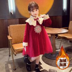 批发女童加绒连衣裙2026冬装新款女孩时尚汉服公主裙儿童休闲红色裙子