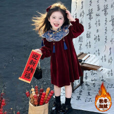 批发女童国风加绒云肩旗袍连衣裙秋冬季2026新款儿童洋气拜年公主裙子