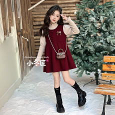 批发女童拜年服连衣裙秋冬季2025新款中大儿童毛衣红色背心裙两件套潮