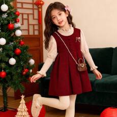批发女童红色拜年服连衣裙2026新款冬季大童女孩过年毛衣裙子儿童套装